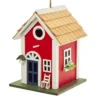 Casa nido de pájaros artesanal de madera para colgar roja