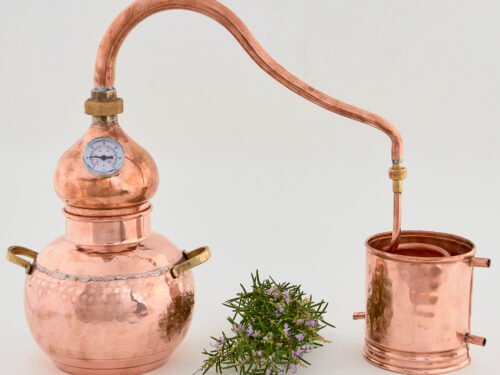 Alambique de cobre premium 2 litros con doble rosca, termómetro y rejilla opcional