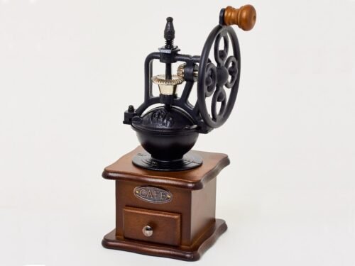 Molinillo de café manual vintage con manivela estilo rueda y cajón de madera