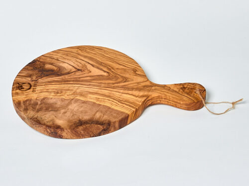 Tabla de cortar redonda de madera de olivo con mango 32 cm