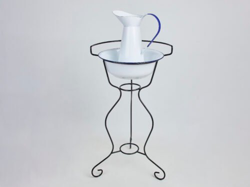 Palangana con jarra esmaltadas y soporte de forja – Lavabo decorativo vintage