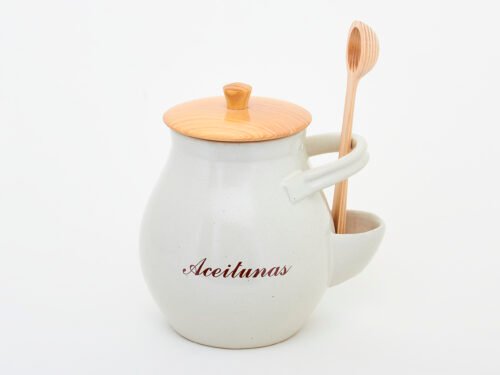 Tarro para encurtidos aceitunera de gres con tapa de madera y cuchara