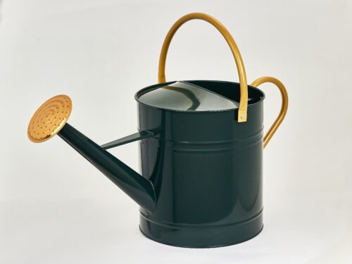 Regadera metálica 8L verde mate oscuro con detalles mostaza rugoso estilo rústico
